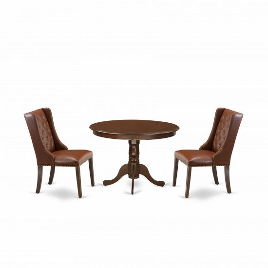 3Pc Kitchen Set, 1 Pedestal Dining Table, 2 Brown Upholstered Dining Chairs, Button Tufted Back, Mahogany Finish