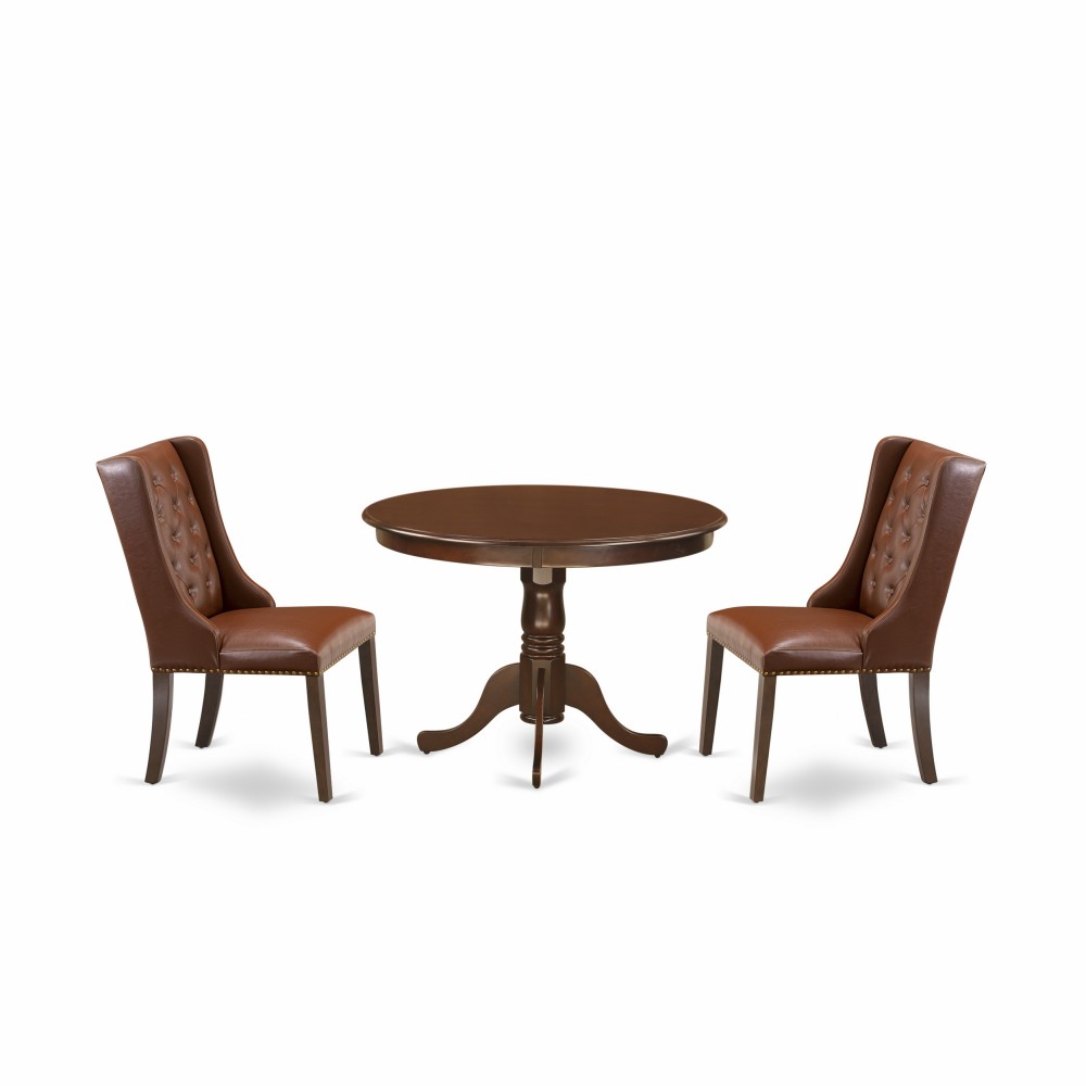 3Pc Kitchen Set, 1 Pedestal Dining Table, 2 Brown Upholstered Dining Chairs, Button Tufted Back, Mahogany Finish