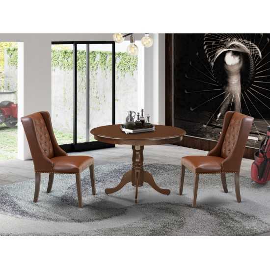 3Pc Kitchen Set, 1 Pedestal Dining Table, 2 Brown Upholstered Dining Chairs, Button Tufted Back, Mahogany Finish