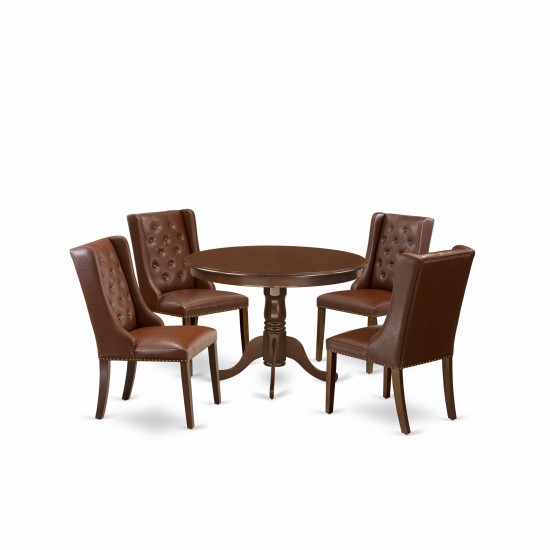 5Pc Dinette Set, 1 Round Dining Table, 4 Brown Dining Chairs, Button Tufted Back, Mahogany Finish