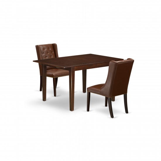 3Pc Kitchen Set, 1 Butterfly Leaf Rectangular Dining Table, 2 Brown Dining Chairs, Back, Mahogany Finish