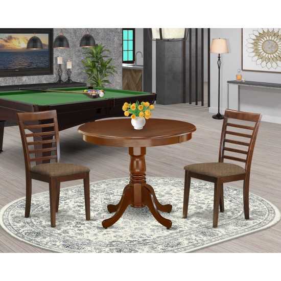 3Pc Round 36 Inch Kitchen Table And Pair Of Linen Upholstery Seat Dining Chairs