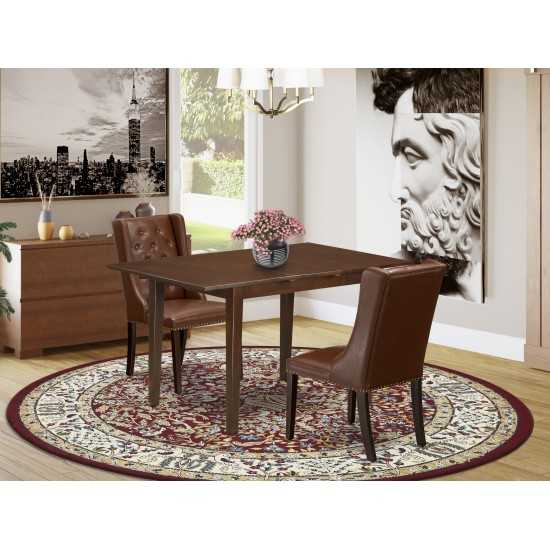 3-Pc Dining Set, 1 Butterfly Leaf Table, 2 Brown Chairs, Button Tufted Back, Mahogany Finish