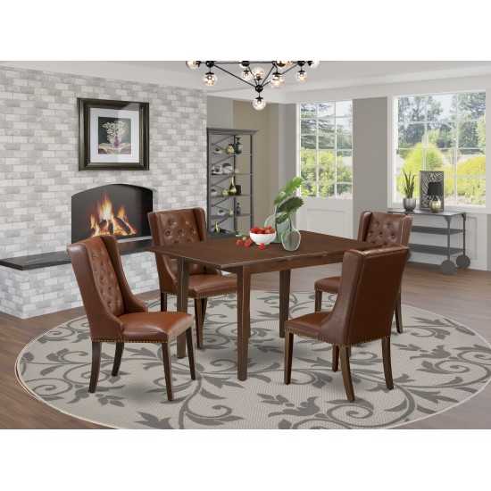 5Pc Dining Set, 1 Butterfly Leaf Table, 4 Brown Padded Chairs, Button Tufted Back, Mahogany Finish