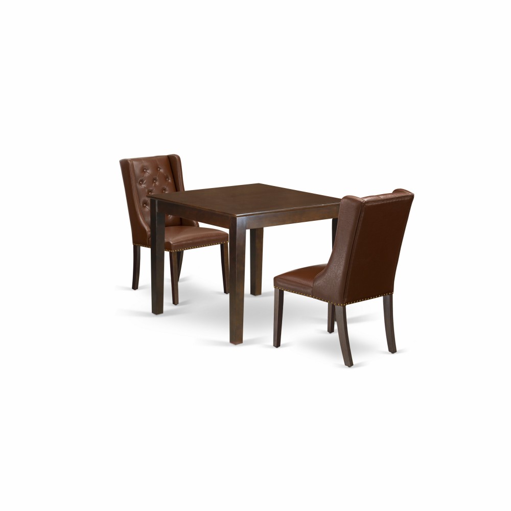 3Pc Dining Set, 1 Wood Table, 2 Brown Upholstered Chairs, Back, Mahogany Finish