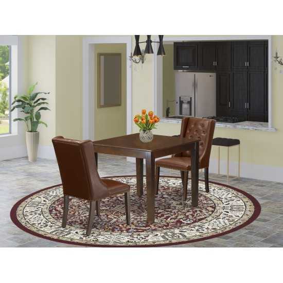 3Pc Dining Set, 1 Wood Table, 2 Brown Upholstered Chairs, Back, Mahogany Finish