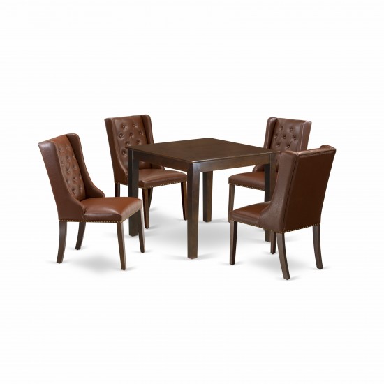 5Pc Kitchen Set, 1 Dining Table, Square Top, 4 Brown Dining Chairs Button Tufted, Mahogany Finish