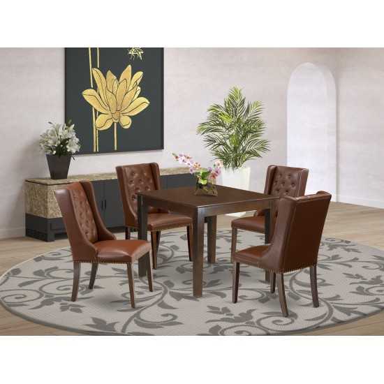 5Pc Kitchen Set, 1 Dining Table, Square Top, 4 Brown Dining Chairs Button Tufted, Mahogany Finish