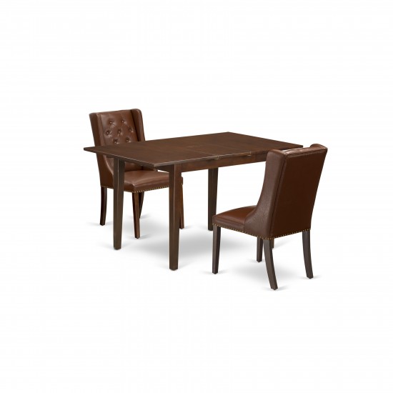 3Pc Dining Set, 1 Picasso Butterfly Leaf Table, 2 Brown Padded Chairs Button Tufted, Mahogany Finish