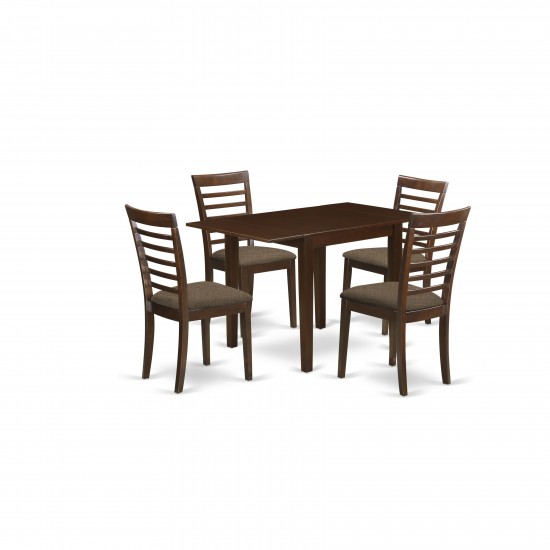 5Pc Dining Set, A Dinette Table, 4 Chairs, Linen Fabic Seat, Mahogany Finish