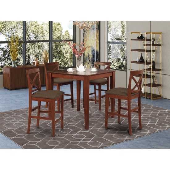 5Pc Dining Set, A Dinette Table, 4 Chairs, Linen Fabic Seat, Mahogany Finish