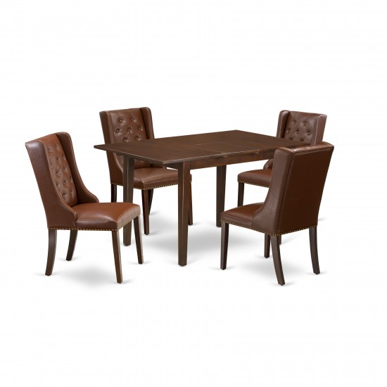 5Pc Kitchen Dining Set, 1 Butterfly Leaf Table, 4 Brown Chairs, Back, Mahogany Finish