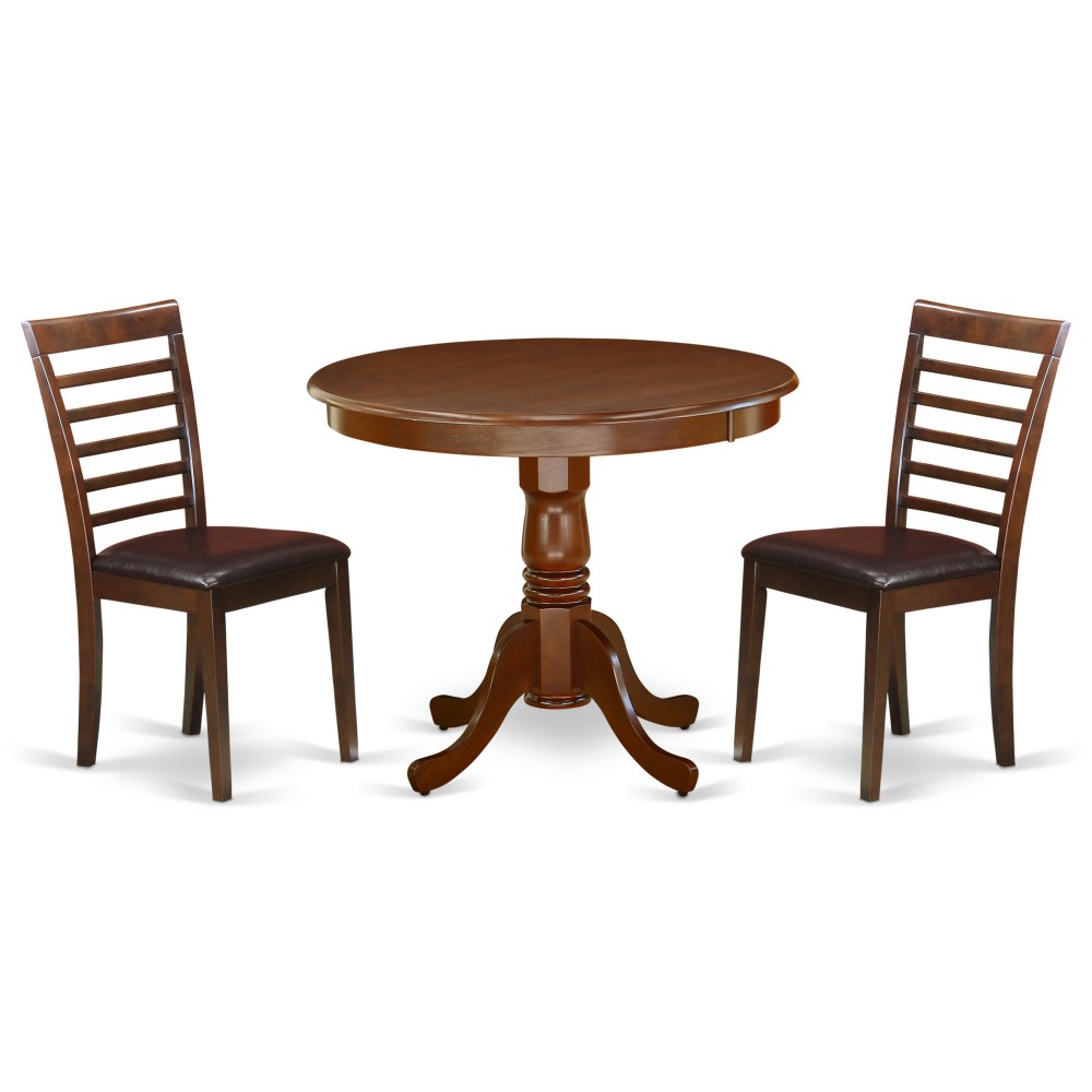 3Pc Rounded 36" Kitchen Table And A Pair Of Faux Leather Seat Dining Chairs