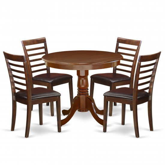 5Pc Rounded 36" Dining Table And Four Dining Faux Leather Seat Chairs