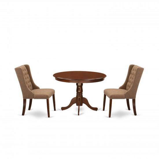 3Pc Kitchen Dining Set, 1 Pedestal Table, 2 Light Sable Chairs, Back, Mahogany Finish