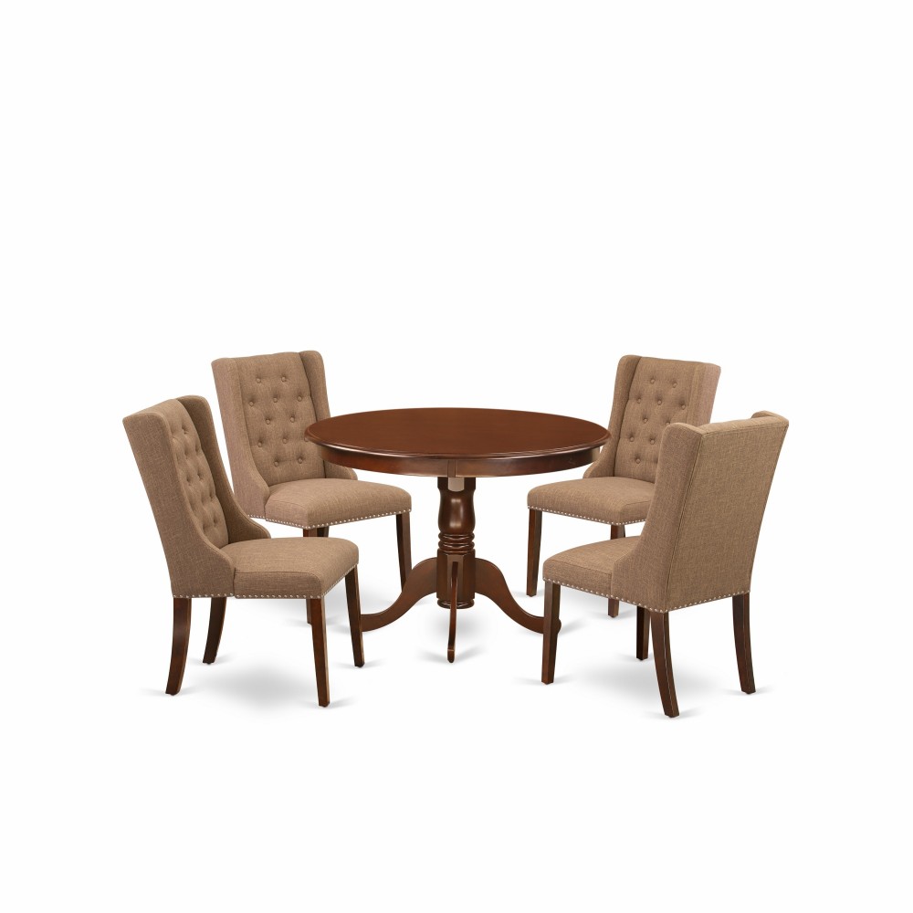 5Pc Kitchen Dining Set, 1 Pedestal Table, 4 Light Sable Parson Chairs, Button Tufted Back, Mahogany Finish