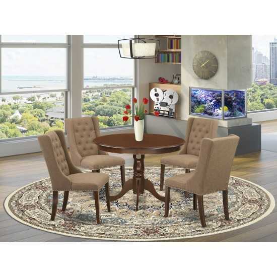 5Pc Kitchen Dining Set, 1 Pedestal Table, 4 Light Sable Parson Chairs, Button Tufted Back, Mahogany Finish