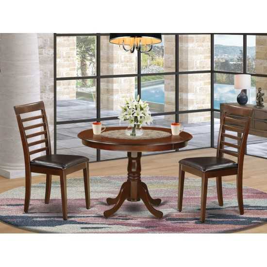 3 Pc Set With A Round Dinette Table And 2 Leather Dinette Chairs In Mahogany