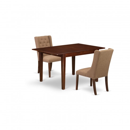 3Pc Kitchen Dining Set, 1 Butterfly Leaf Rectangular Table, 2 Light Sable Parson Chairs, Back, Mahogany Finish