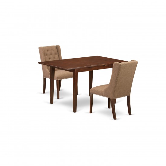 3Pc Dinette Set, 1 Butterfly Leaf Kitchen Table, 2 Light Sable Dining Chairs, Button Tufted Back, Mahogany Finish