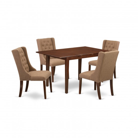 5Pc Dining Set, 1 Butterfly Leaf Table, 4 Light Sable Parson Chairs, Back, Mahogany Finish