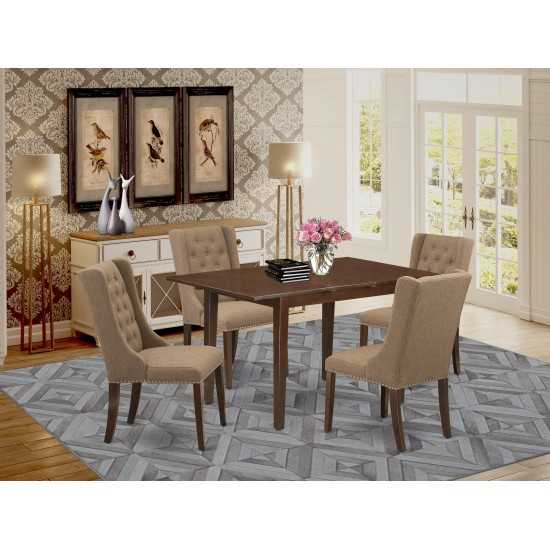 5Pc Dining Set, 1 Butterfly Leaf Table, 4 Light Sable Parson Chairs, Back, Mahogany Finish