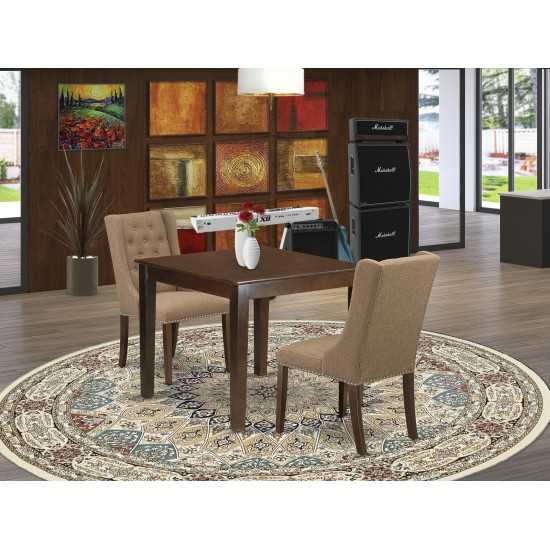 3-Pc Dinette Set, 1 Kitchen Table, 2 Light Sable Upholstered Dining Chairs, Button Tufted Back, Mahogany Finish