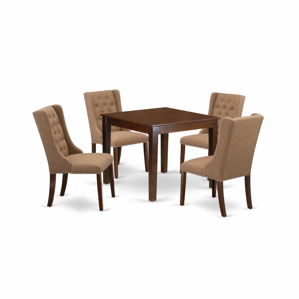 5Pc Dining Set, 1 Table, Square Top, 4 Light Sable Chairs Back, Mahogany Finish