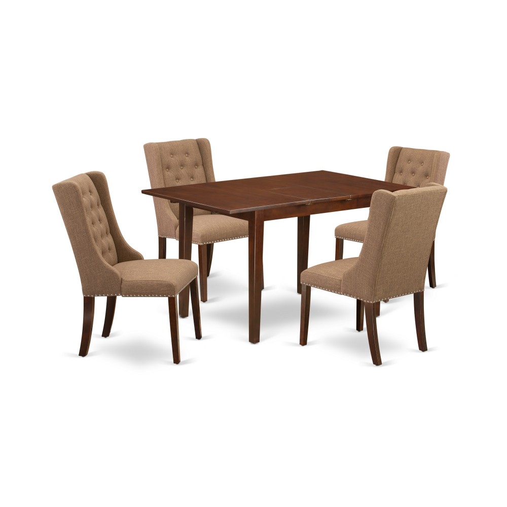 5-Pc Dining Set, 1 Butterfly Leaf Table, 4 Light Sable Chairs, Button Tufted Back, Mahogany Finish