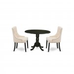 3Pc Dinette Set, Rounded Kitchen Table, Drop Leaves, Two Parson Chairs, Light Beige Fabric, Black