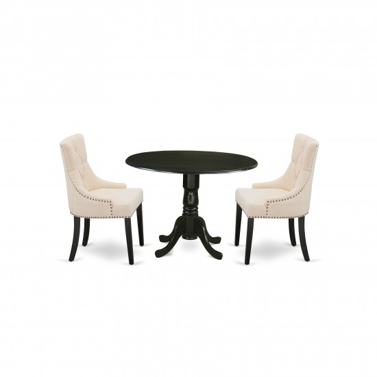 3Pc Dinette Set, Rounded Kitchen Table, Drop Leaves, Two Parson Chairs, Light Beige Fabric, Black