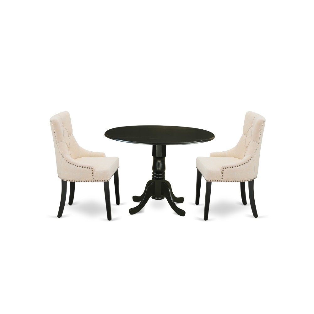 3Pc Dinette Set, Rounded Kitchen Table, Drop Leaves, Two Parson Chairs, Light Beige Fabric, Black