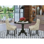 3Pc Dinette Set, Rounded Kitchen Table, Drop Leaves, Two Parson Chairs, Light Beige Fabric, Black