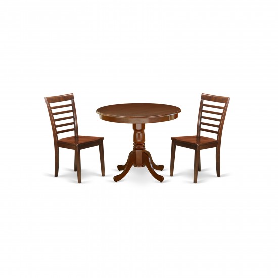 3Pc Rounded 36 Inch Family Table And 2 Wood Seat Chairs