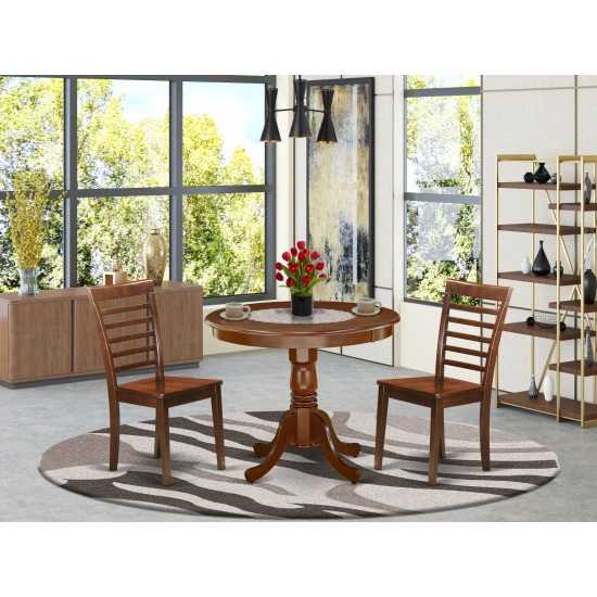 3Pc Rounded 36 Inch Family Table And 2 Wood Seat Chairs