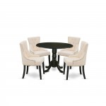 5Pc Dining Set, Round Dinette Table, Drop Leaves, Four Parson Chairs, Light Beige Fabric, Black