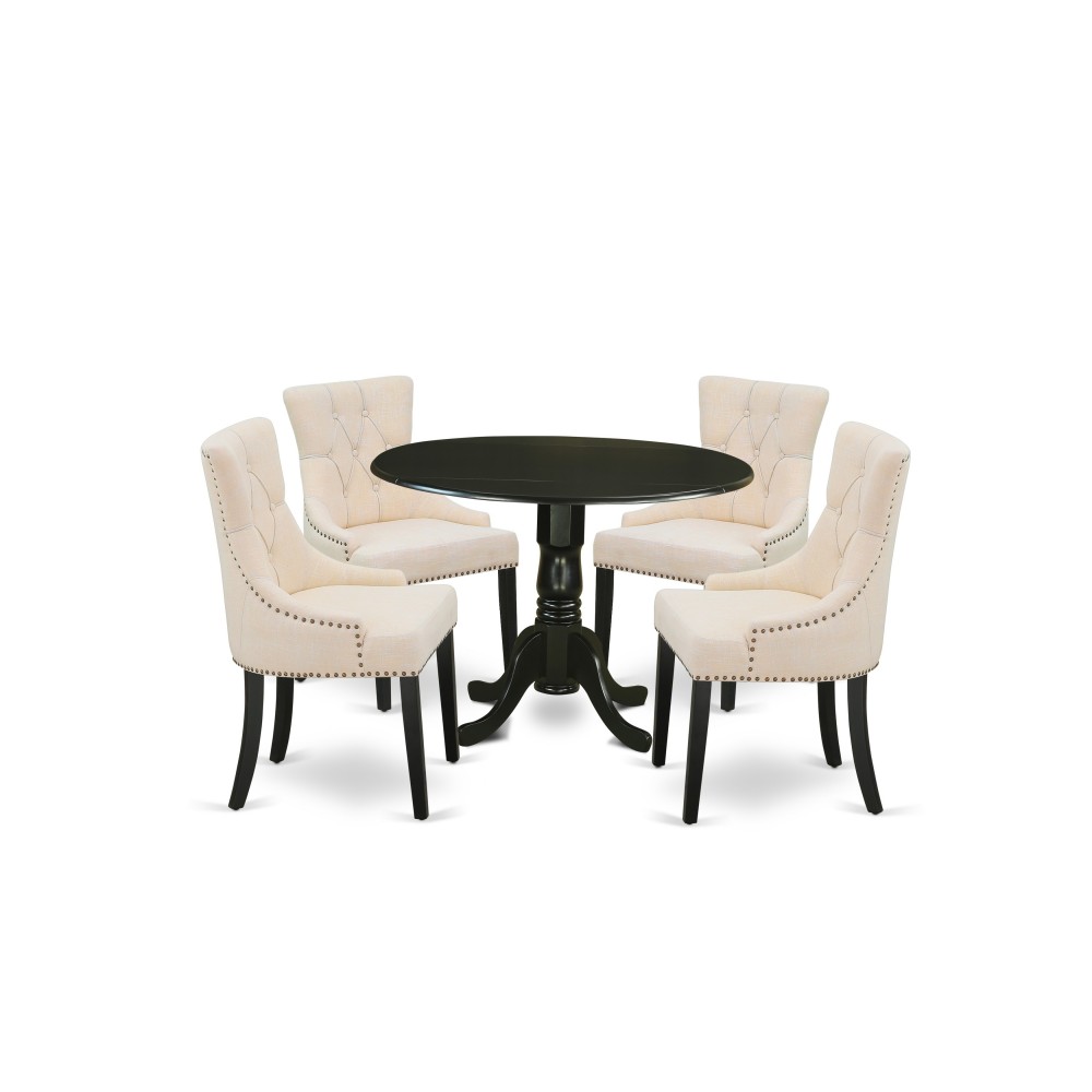 5Pc Dining Set, Round Dinette Table, Drop Leaves, Four Parson Chairs, Light Beige Fabric, Black