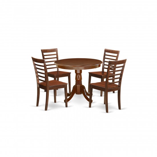 5Pc Round 36 Inch Family Table And Four Wood Seat Chairs