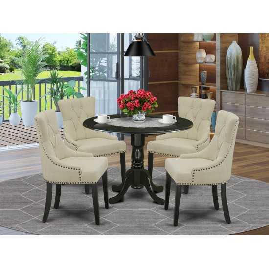 5Pc Dining Set, Round Dinette Table, Drop Leaves, Four Parson Chairs, Light Beige Fabric, Black