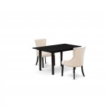 3Pc Wood Dining Set, 2 Chairs, Nail Head Back, Upholstered Seat, Butterfly Leaf Rectangle Table, Black