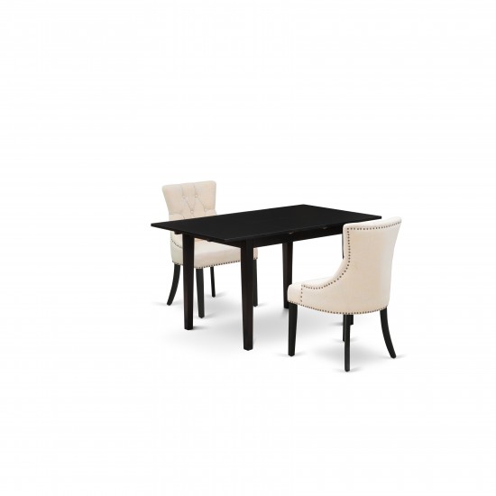 3Pc Wood Dining Set, 2 Chairs, Nail Head Back, Upholstered Seat, Butterfly Leaf Rectangle Table, Black