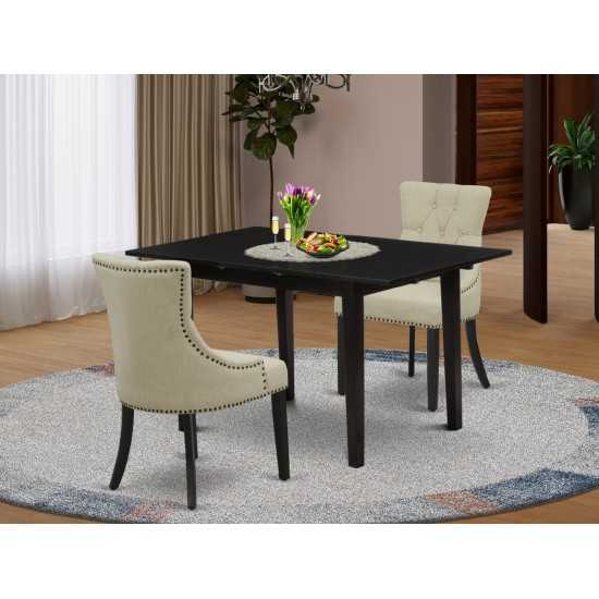 3Pc Wood Dining Set, 2 Chairs, Nail Head Back, Upholstered Seat, Butterfly Leaf Rectangle Table, Black