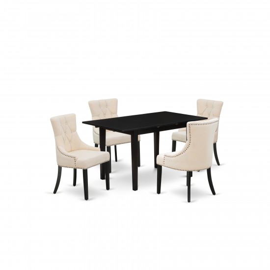 5Pc Wood Dining Set, 4 Chairs, Nail Head Back, Upholstered Seat, Butterfly Leaf Rectangle Table, Black