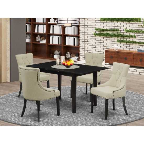 5Pc Wood Dining Set, 4 Chairs, Nail Head Back, Upholstered Seat, Butterfly Leaf Rectangle Table, Black