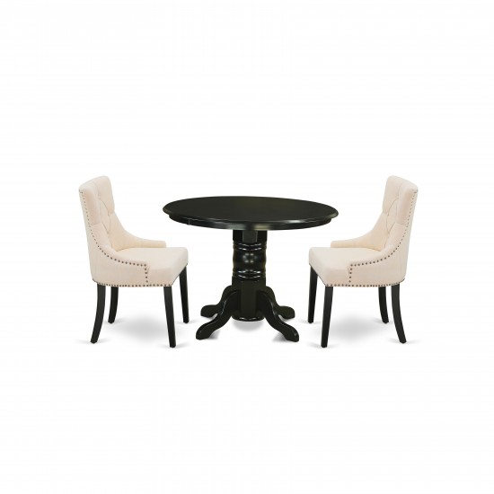 3Pc Dinette Set, Round Dining Table, Two Parson Chairs, Light Beige Fabric, Black Finish