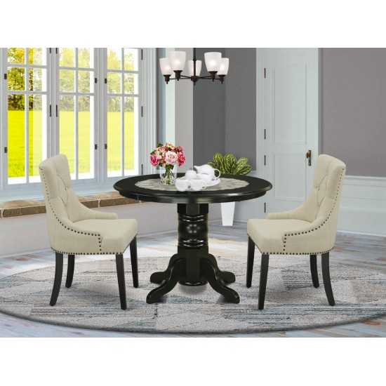 3Pc Dinette Set, Round Dining Table, Two Parson Chairs, Light Beige Fabric, Black Finish