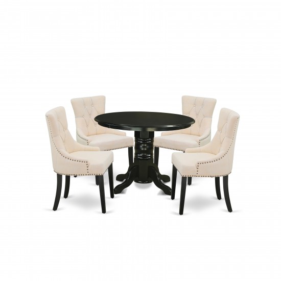 5Pc Dining Set, Round Table, Four Parson Chairs, Light Beige Fabric, Black Finish