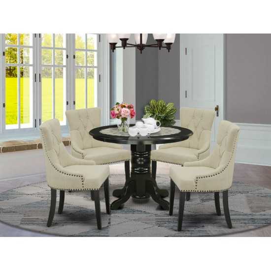 5Pc Dining Set, Round Table, Four Parson Chairs, Light Beige Fabric, Black Finish