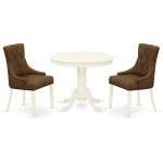3Pc Dinette Set, Small Rounded Kitchen Table, Two Parson Chairs, Dark Coffee Fabric, Linen White Finish