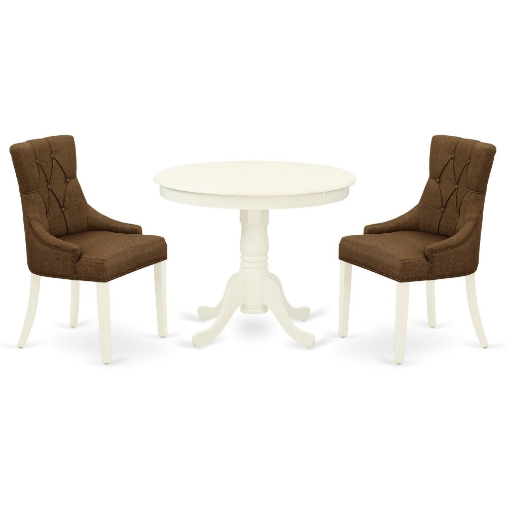 3Pc Dinette Set, Small Rounded Kitchen Table, Two Parson Chairs, Dark Coffee Fabric, Linen White Finish 3Pc Dinette Set, Small Rounded Kitchen Table, Two Parson Chairs, Dark Coffee Fabric, Linen White Finish